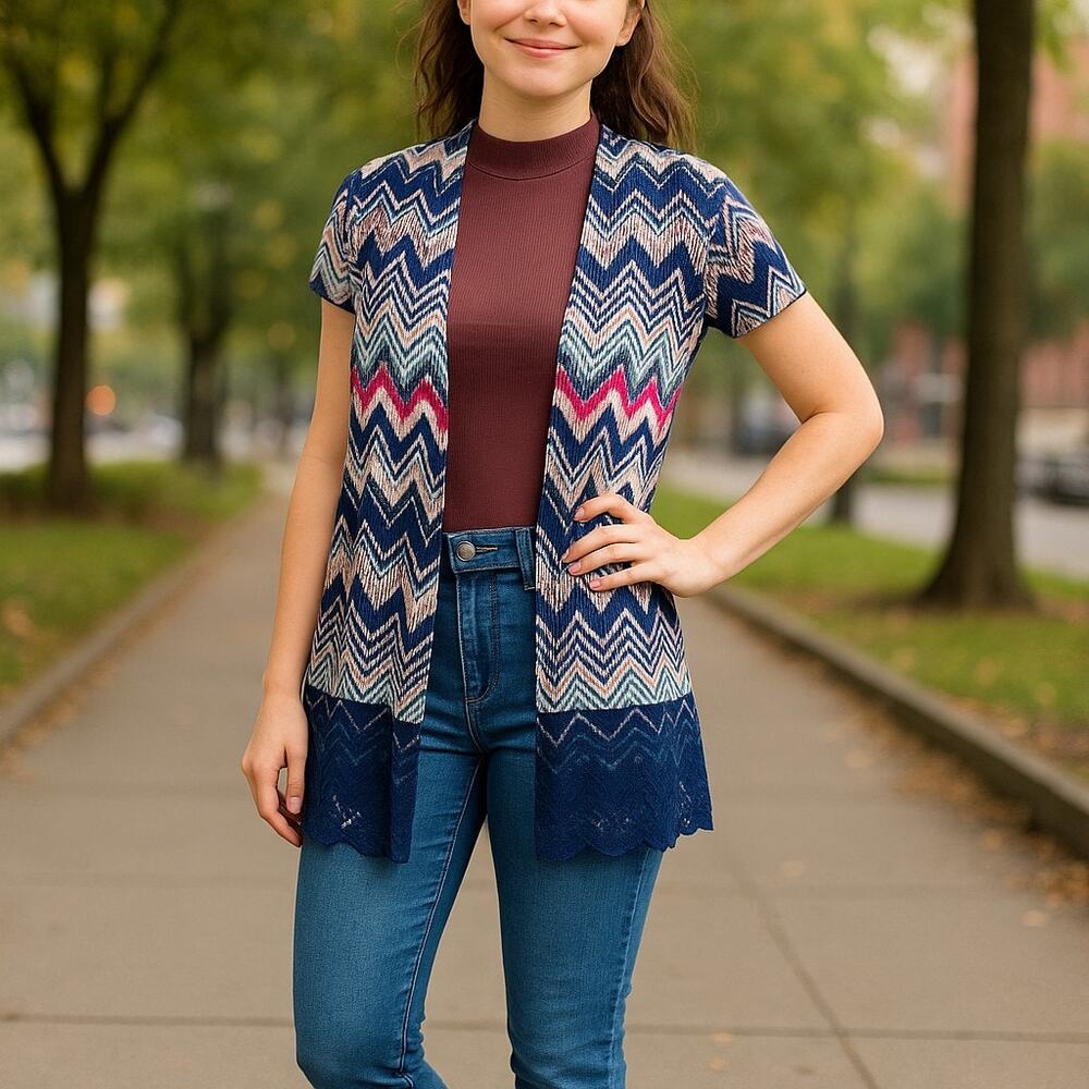 Self Esteem Girls‎ Cardigan M Multicolor Chevron Print Open Front Short Sleeves
